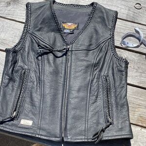 Black Harley Davidson Leather Vest with Braided Details
